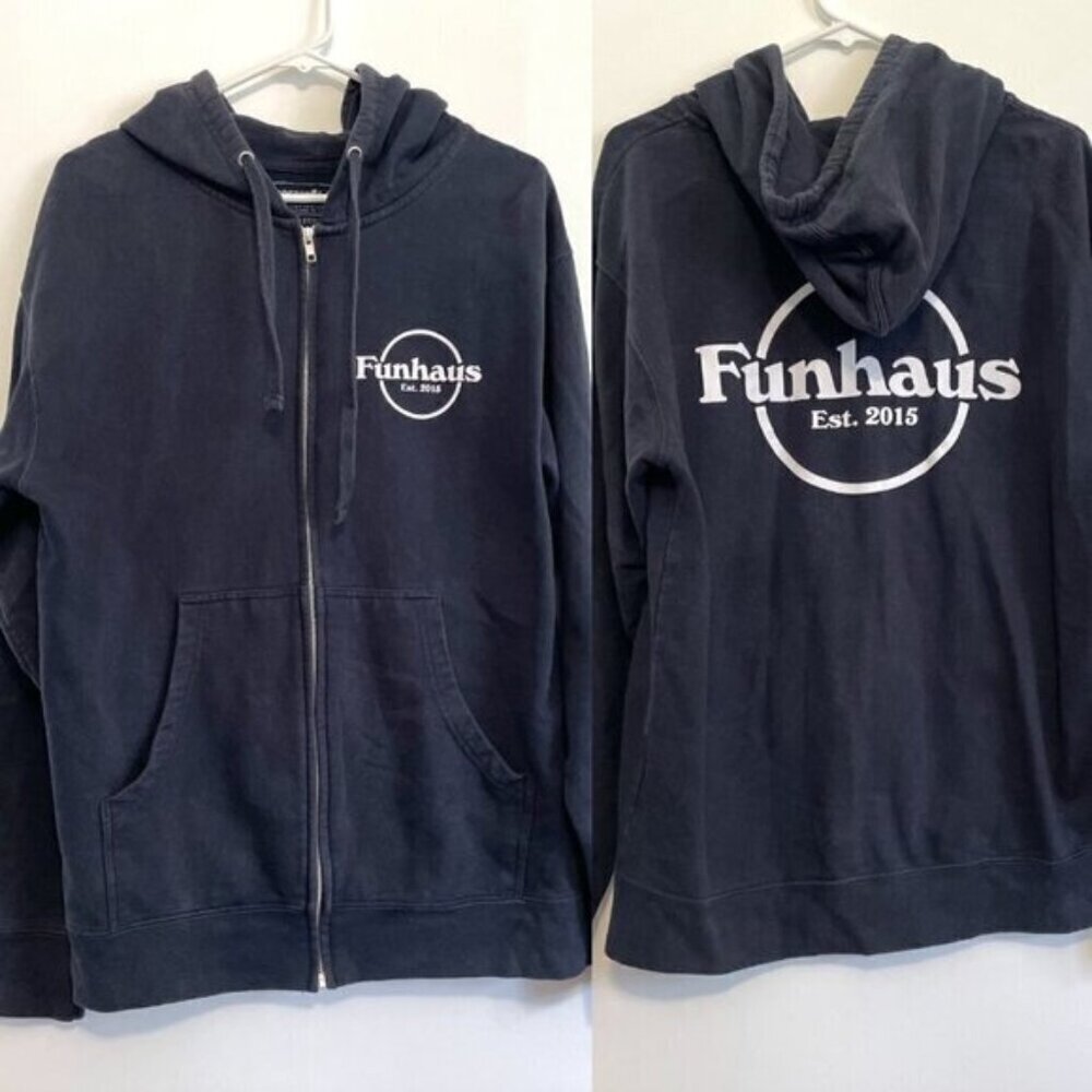 ROOSTER TEETH FUNHAUS Mens Navy Blue Double Sided Full Zip Hoodie Sweatshirt M
